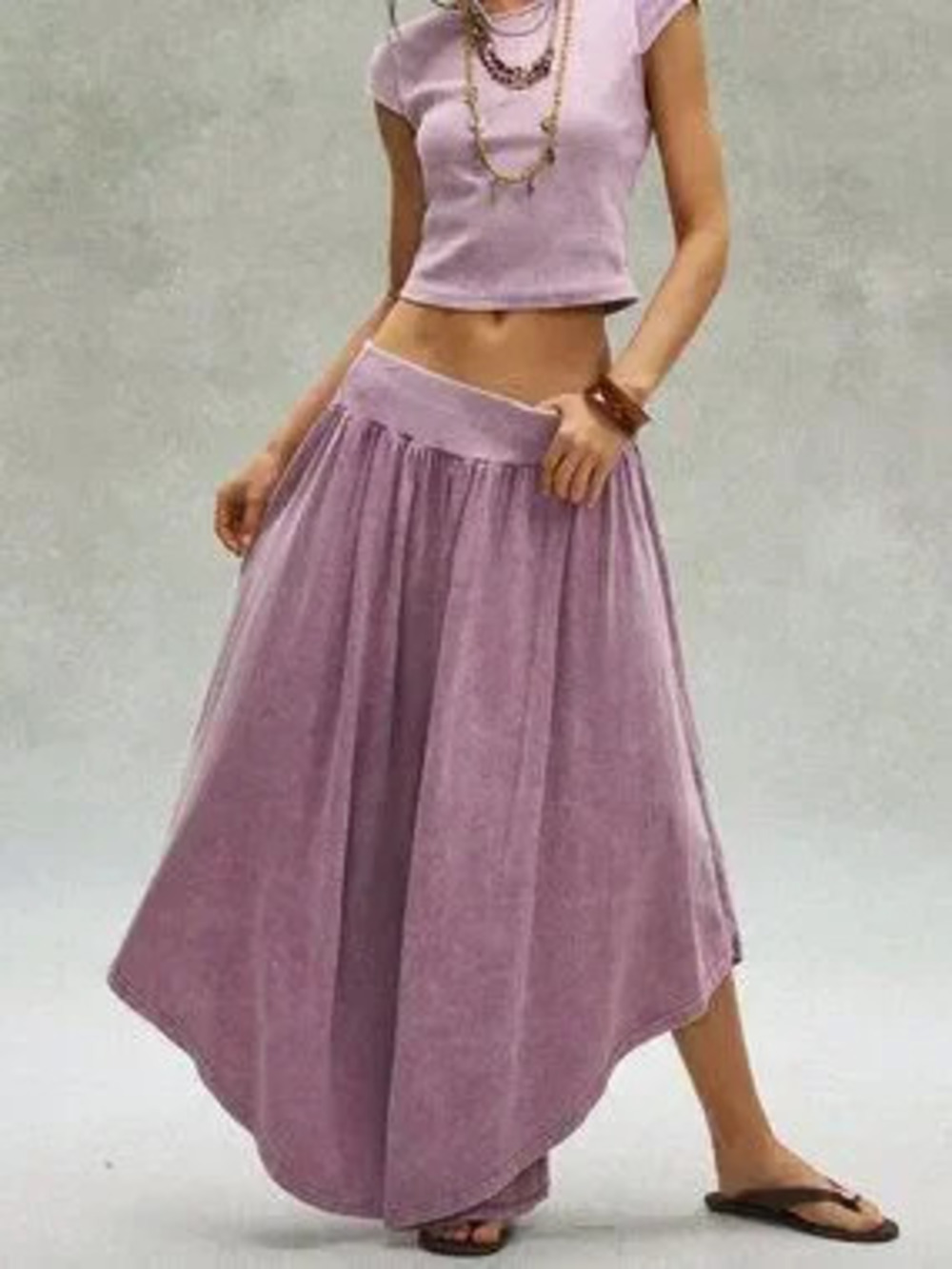 Multicolor Casual Women's Knit Washed Slim Fit T-Shirt & Wide Leg Pants